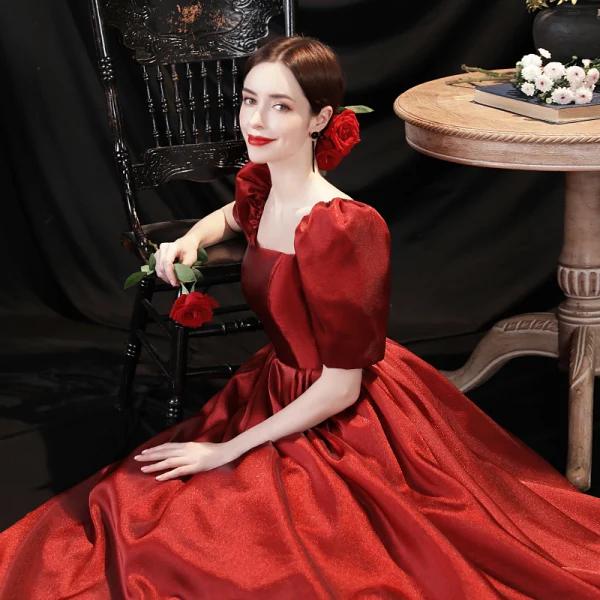 Elegant Burgundy Satin Prom Dresses 2021 A-Line / Princess Square Neckline  Puffy Short Sleeve Backless Floor-