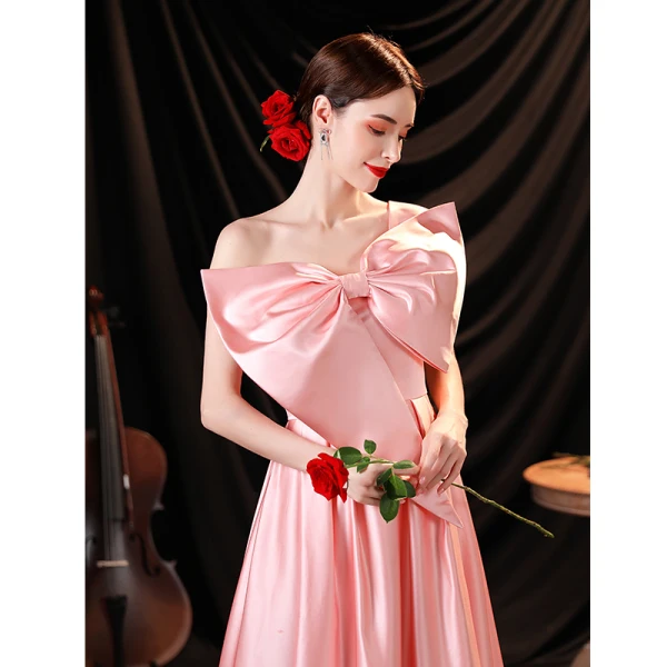 Schön Pink Satin Ballkleider 2021 A Linie One-Shoulder Schleife Ärmellos Rückenfreies Lange Festliche Kleider
