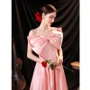 Lovely Candy Pink Satin Prom Dresses 2021 A-Line / Princess One-Shoulder Bow Sleeveless Backless Floor-Length / Long Formal Dresses