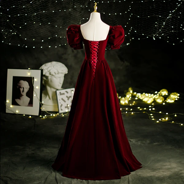 Vintage / Retro Burgundy Suede Prom Dresses 2021 A-Line / Princess Square Neckline Puffy Short Sleeve Backless Floor-Length / Long Formal Dresses