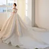 High-end Ivory Satin Wedding Dresses 2019 Ball Gown Off-The-Shoulder Ruffle Beading Lace Flower Short Sleeve Backless Royal Train Wedding