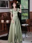 Elegante Salbeigrün Satin Ballkleider 2021 A Linie V-Ausschnitt Geschwollenes Kurze Ärmel Lange Festliche Kleider
