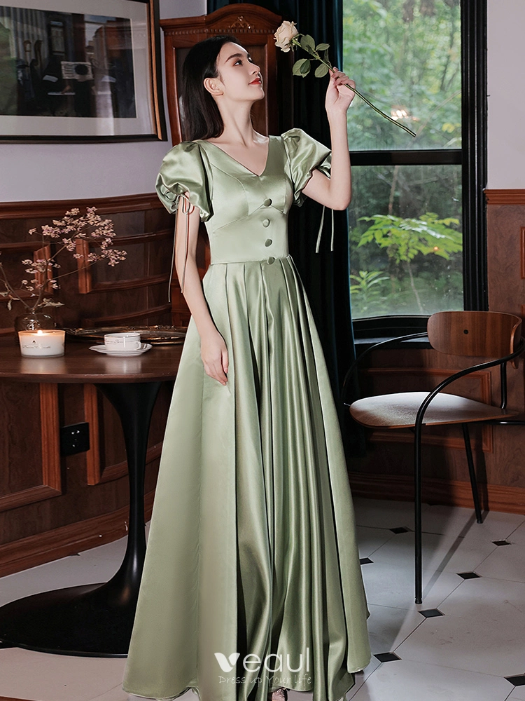 Elegant Sage Green Satin Prom Dresses 2021 A-Line / Princess V-Neck Puffy  Short Sleeve Floor-Length / Long Formal Dresses