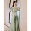 Elegant Sage Green Satin Prom Dresses 2021 A-Line / Princess Scoop Neck Puffy Short Sleeve Floor-Length / Long Formal Dresses