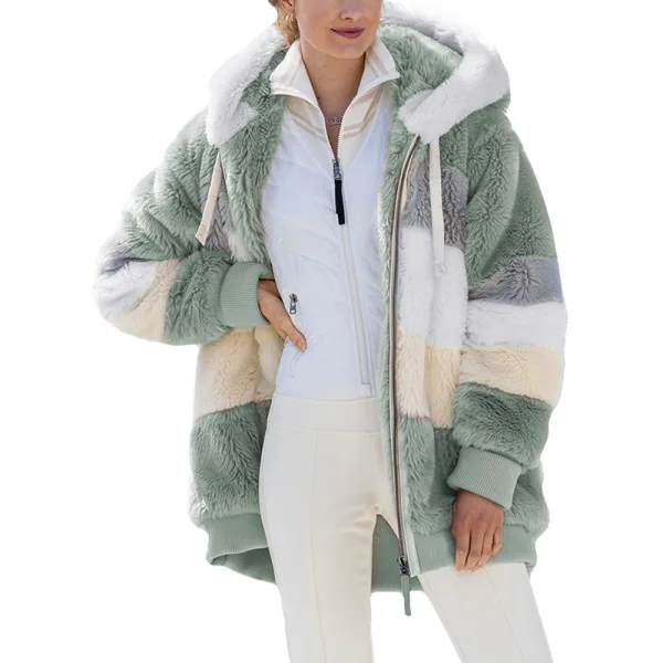 Fashion Fall Winter Street Wear Khaki Patchwork Plush Hooded Coats & Jackets 2021 Long Sleeve Women Tops