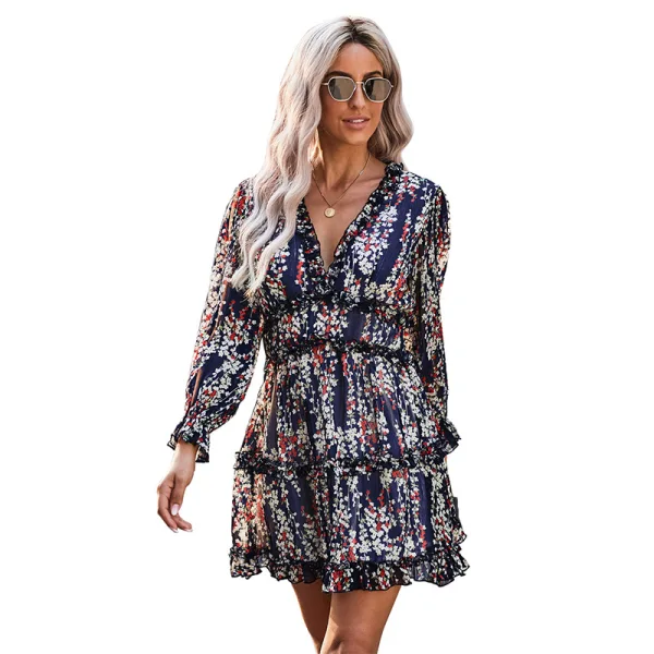 Sexy Sommer Resort-Kleidung Weiß Blumen Damen Kleider 2021 Chiffon V-Ausschnitt Lange Ärmel Rückenfreies Lose