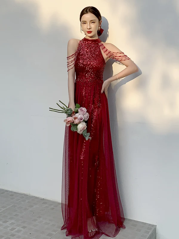 Charming Sparkly Burgundy Sequins Evening Dresses 2021 A-Line / Princess Sleeveless Scoop Neck Floor-Length / Long Prom Formal Dresses