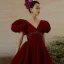 Elegant Burgundy Prom Dresses A-Line / Princess 2021 V-Neck Rhinestone Puffy Short Sleeve Backless Sweep Train Formal Dresses