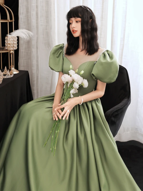 Chic / Beautiful Sage Green Prom Dresses 2021 A-Line / Princess Scoop Neck Beading Backless Puffy Short Sleeve Floor-Length / Long Formal Dresses