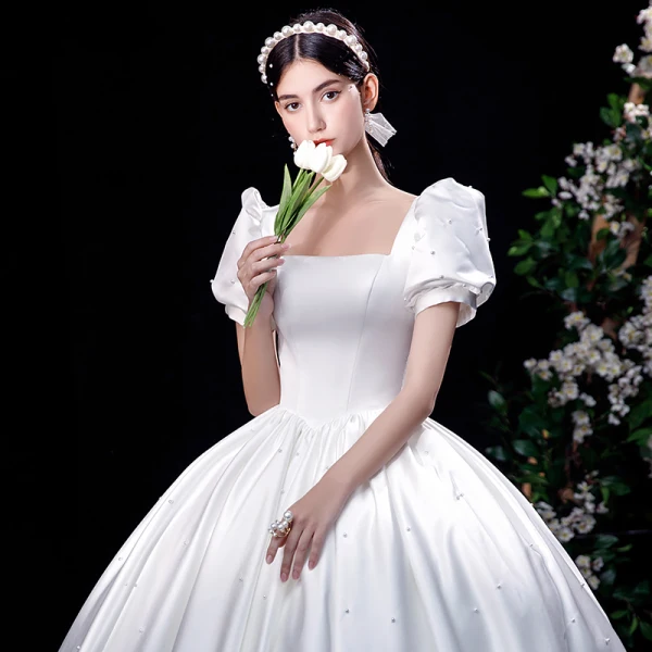 Elegant Ivory Satin Wedding Dresses 2021 Ball Gown Square Neckline Pearl Puffy Short Sleeve Backless Floor-Length / Long Wedding