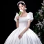 Elegant Ivory Satin Wedding Dresses 2021 Ball Gown Square Neckline Pearl Puffy Short Sleeve Backless Floor-Length / Long Wedding