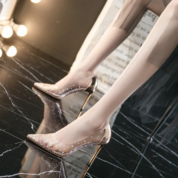 Sexy Transparent Silber Strass Abend Pumps 2021 9 cm Stilettos Spitzschuh Pumps Hochhackige