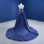Haut de Gamme Bleu Marine Satin Fendue devant Robe De Bal 2021 Princesse Bustier Perlage Faux Diamant Sans Manches Dos Nu Tribunal Train Robe De Ceremonie