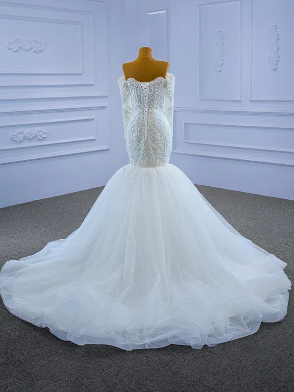 High-end White Wedding Dresses 2021 Trumpet / Mermaid Off-The-Shoulder Lace Flower Long Sleeve Backless Court Train Wedding