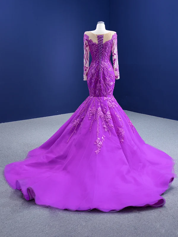 High End Violett Spitze Blumen Ballkleider 2021 Meerjungfrau Rundhalsausschnitt Lange Ärmel Kapelle-Schleppe Festliche Kleider