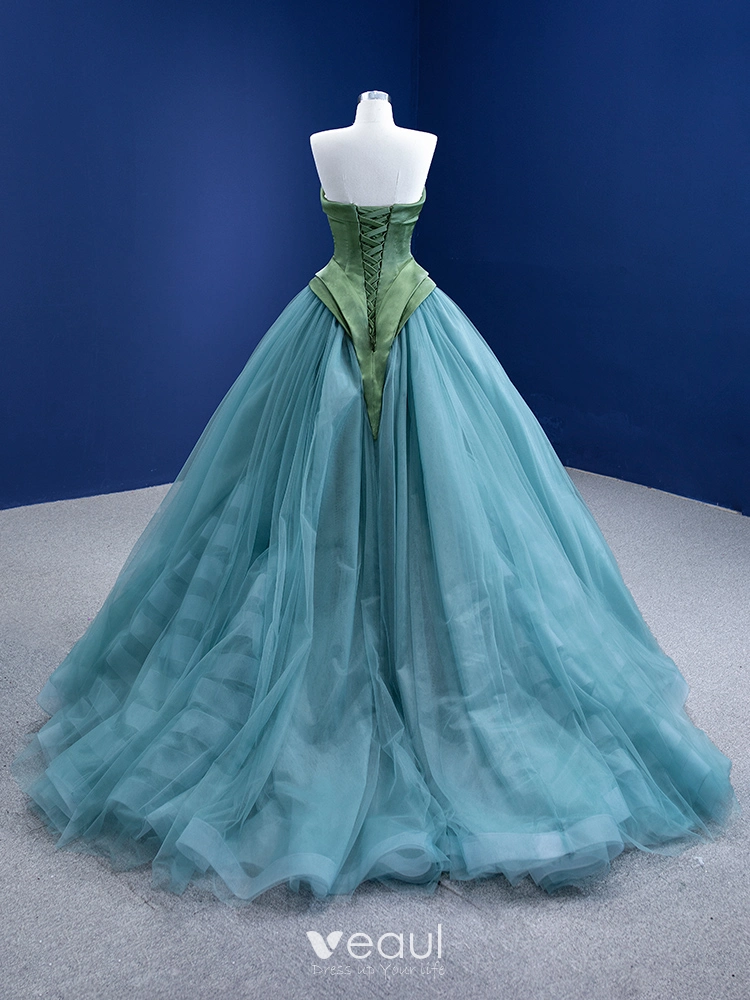 Chic / Beautiful Dark Green Pool Blue Ball Gown Prom Dresses 2021 Strapless Sleeveless Backless Sweep Train Formal Dresses Chic / Beautiful Dark Green Pool Blue Ball Gown Prom Dresses 2021 Strapless Sleeveless Backless Sweep Train Formal Dresses