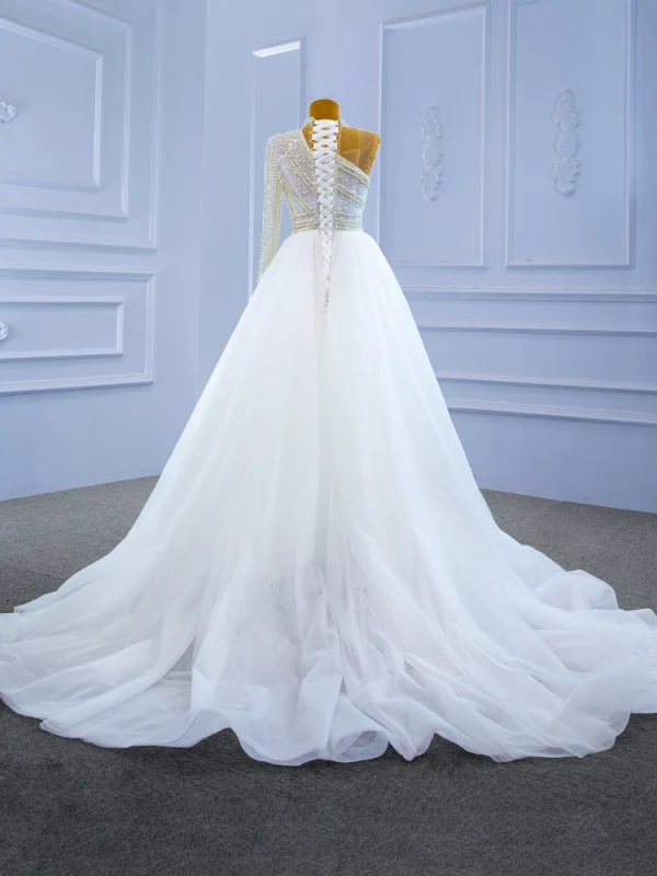 High End Glitzernden Weiß Brautkleider / Hochzeitskleider 2021 Meerjungfrau Perlenstickerei Stehkragen Perle Pailletten Lange Ärmel Rückenfreies Hof-Schleppe Hochzeit
