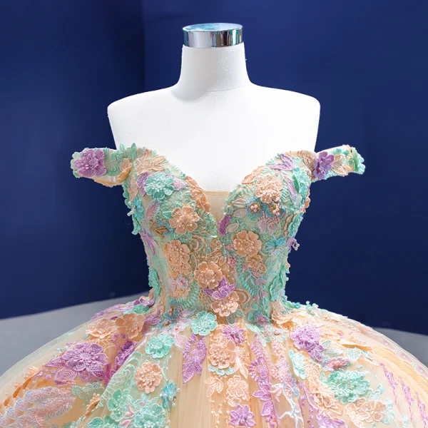 Flower Fairy Chic / Beautiful Champagne Pearl Lace Flower Prom Dresses 2021 Ball Gown Off-The-Shoulder Sleeveless Backless Floor-Length / Long Formal Dresses