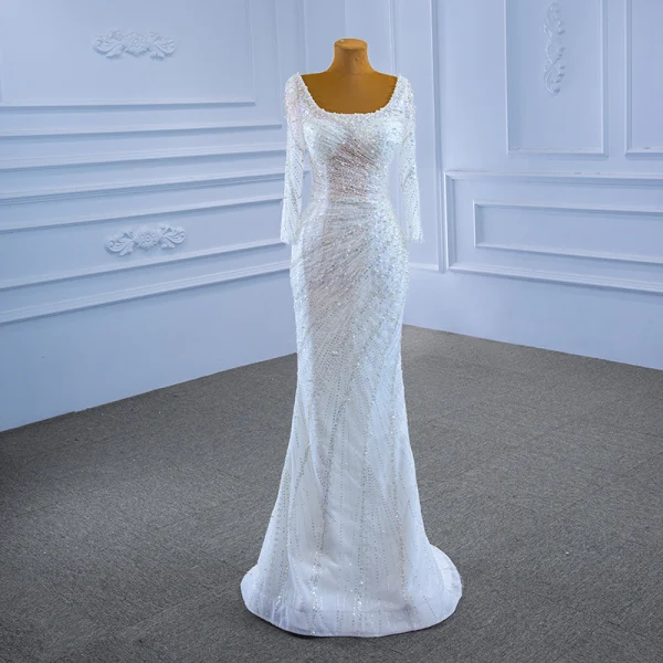 Scintillantes Haut de Gamme Blanche Perlage Perle Paillettes Robe De Mariée 2021 Trompette / Sirène U-Cou Manches Longues Dos Nu Longue Mariage