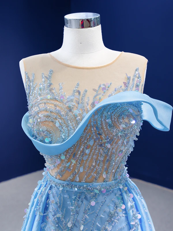 High-end Pool Blue Beading Pearl Sequins Prom Dresses 2021 Trumpet / Mermaid Scoop Neck Sleeveless Backless Chapel Train Formal Dresses