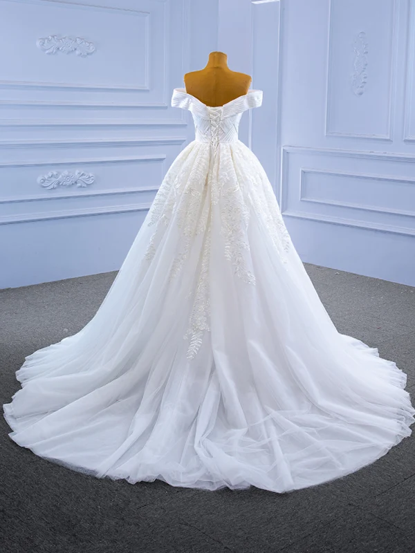 High End Weiß Spitze Blumen Brautkleider / Hochzeitskleider 2021 Meerjungfrau Off Shoulder Kurze Ärmel Rückenfreies Hof-Schleppe Hochzeit