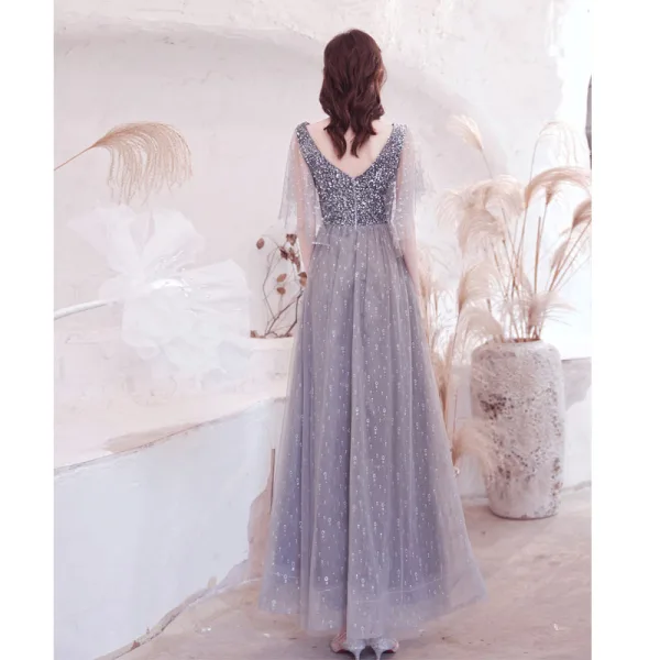 Sparkly Grey Beading Sequins Prom Dresses 2021 A-Line / Princess V-Neck 1/2 Sleeves Backless Floor-Length / Long Formal Dresses