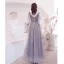 Sparkly Grey Beading Sequins Prom Dresses 2021 A-Line / Princess V-Neck 1/2 Sleeves Backless Floor-Length / Long Formal Dresses