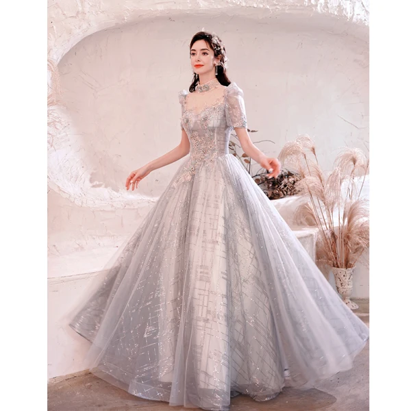 Chic / Belle Argenté En Dentelle Fleur Robe De Bal 2021 Princesse Col Haut Perlage Perle Faux Diamant Paillettes Manches Courtes Dos Nu Longue Robe De Ceremonie