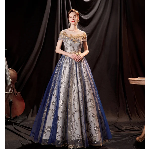 Charmant Bling Bling Océan Bleu Robe De Bal 2021 Princesse Encolure Dégagée Perlage Paillettes En Dentelle Fleur Manches Courtes Dos Nu Longue Robe De Ceremonie