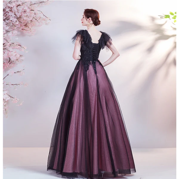 Vintage / Originale Violet Perlage Paillettes En Dentelle Fleur Robe De Bal 2021 Princesse V-Cou Manches Courtes Dos Nu Longue Robe De Ceremonie