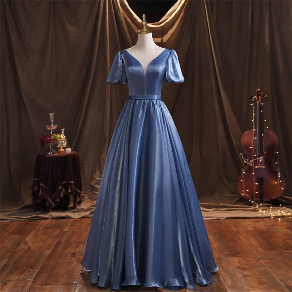 Chic / Beautiful Ocean Blue Satin Prom Dresses 2021 Scoop Neck Puffy Short Sleeve Backless Floor-Length / Long Formal Dresses