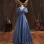 Chic / Beautiful Ocean Blue Satin Prom Dresses 2021 Scoop Neck Puffy Short Sleeve Backless Floor-Length / Long Formal Dresses