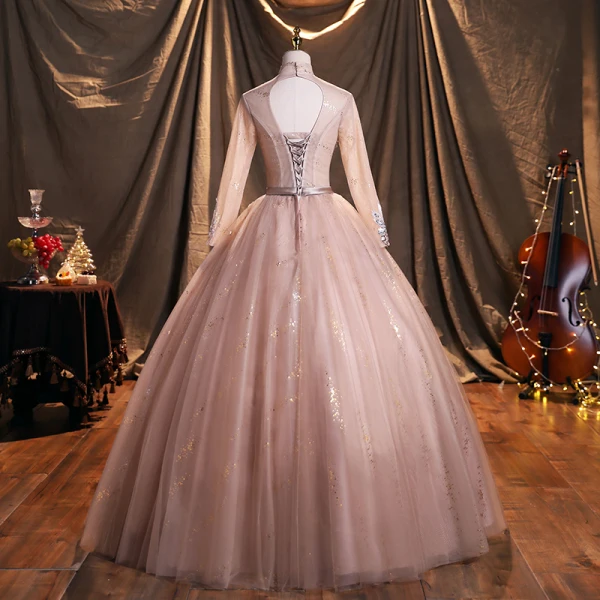 Chic / Belle Rougissant Rose Paillettes Robe De Bal 2021 Robe Boule Col Haut Manches Longues Dos Nu Ceinture Longue Robe De Ceremonie
