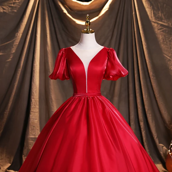 Ethnic Red Satin Prom Dresses 2021 Ball Gown Scoop Neck Short Sleeve Backless Sash Floor-Length / Long Formal Dresses