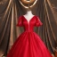 Ethnic Red Satin Prom Dresses 2021 Ball Gown Scoop Neck Short Sleeve Backless Sash Floor-Length / Long Formal Dresses