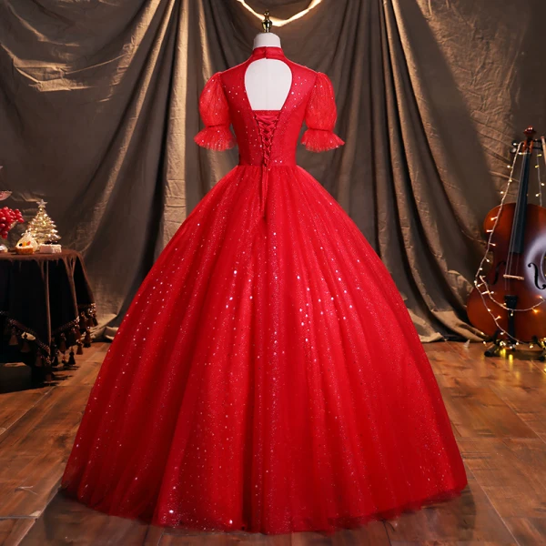 Scintillantes Rouge Robe De Bal Princesse 2021 Col Haut Perlage Étoile Paillettes Manches de cloche Dos Nu Longue Robe De Ceremonie