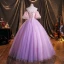 Flower Fairy Lavender Prom Dresses 2021 Ball Gown Off-The-Shoulder Sequins Lace Flower Appliques Backless Bell sleeves Floor-Length / Long Formal Dresses