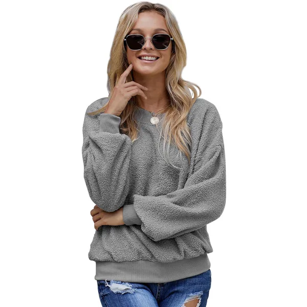 Comfortable Casual Fall Winter Candy Pink Plush Sweatshirts 2021 Scoop Neck Loose Long Sleeve Women Tops