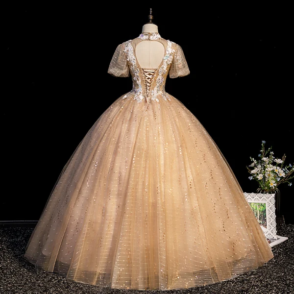 Charmant Champagne Robe De Bal 2021 Robe Boule Col Haut Paillettes En Dentelle Fleur Manches Courtes Dos Nu Longue Robe De Ceremonie
