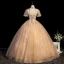 Charmant Champagne Robe De Bal 2021 Robe Boule Col Haut Paillettes En Dentelle Fleur Manches Courtes Dos Nu Longue Robe De Ceremonie