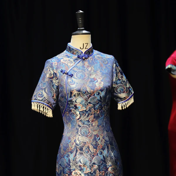 Chinese style Navy Blue Embroidered Satin Cheongsam 2021 Trumpet / Mermaid High Neck Beading Tassel Short Sleeve Ankle Length Cheongsam / Qipao