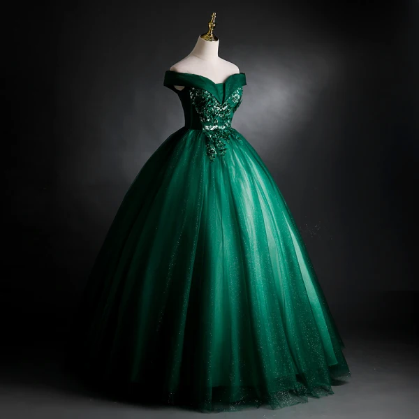 Elegant Dark Green Prom Dresses 2021 Ball Gown Off-The-Shoulder Beading Sequins Lace Flower Sleeveless Backless Floor-Length / Long Formal Dresses