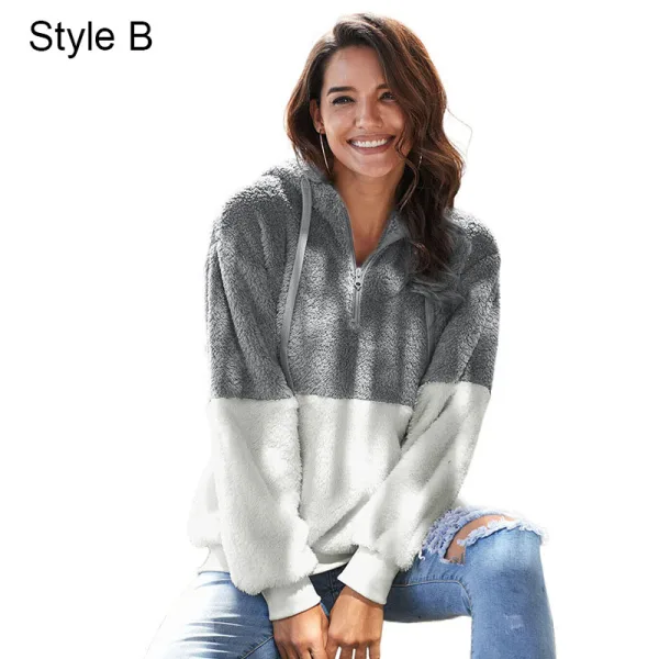 Fashion Fall Winter Street Wear Grey Plush Sweatshirts 2021 Loose V-Neck Long Sleeve Women Tops