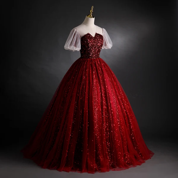 Sparkly Burgundy Sequins Prom Dresses 2021 Ball Gown V-Neck Beading Short Sleeve Backless Floor-Length / Long Formal Dresses