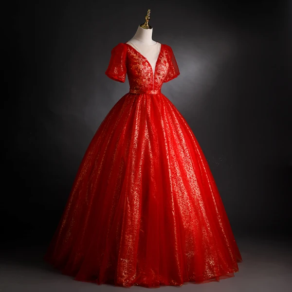 Chic / Belle Rouge Robe De Bal 2021 Robe Boule Encolure Dégagée Perlage Paillettes Manches Courtes Dos Nu Ceinture Longue Robe De Ceremonie