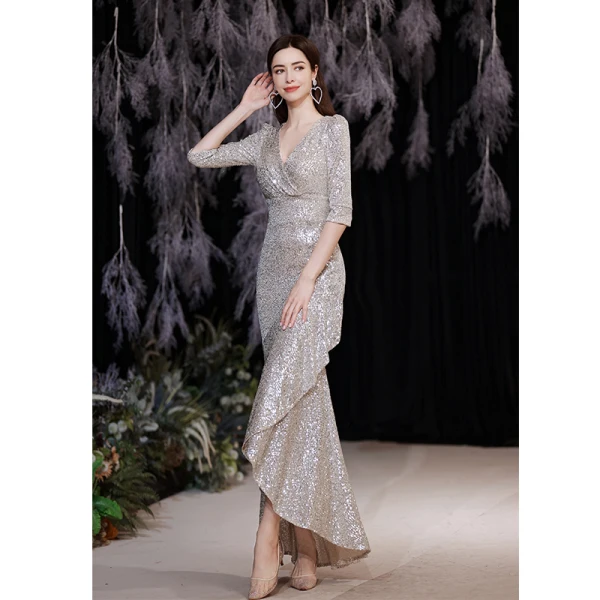 Sparkly Sexy Silver Sequins Evening Dresses 2021 Trumpet / Mermaid V-Neck 1/2 Sleeves Floor-Length / Long Evening Party Formal Dresses