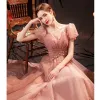 Glitzernden Pink Glanz Pailletten Ballkleider 2021 A Linie V-Ausschnitt Applikationen Kurze Ärmel Rückenfreies Lange Festliche Kleider