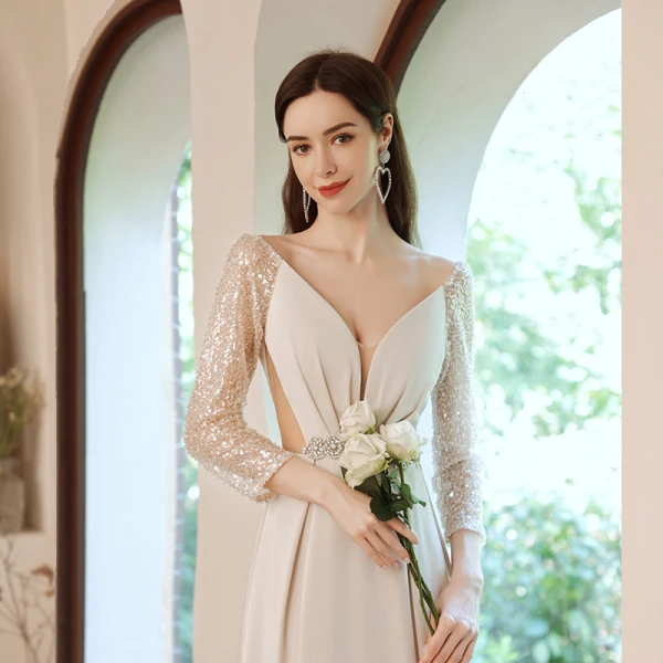 Charming Beige Beading Sequins Prom Dresses 2021 A-Line / Princess V-Neck Pearl Rhinestone Sash 3/4 Sleeve Backless Floor-Length / Long Prom Formal Dresses
