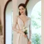 Charming Beige Beading Sequins Prom Dresses 2021 A-Line / Princess V-Neck Pearl Rhinestone Sash 3/4 Sleeve Backless Floor-Length / Long Prom Formal Dresses