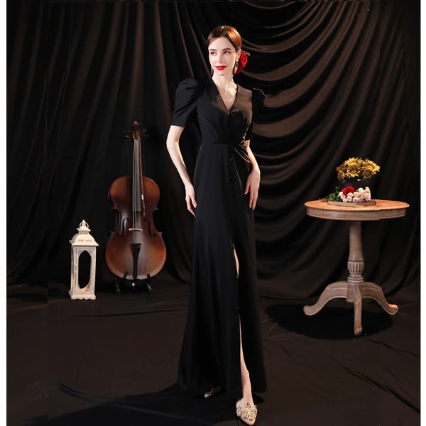 Sexy Black Split Front Evening Dresses 2021 Trumpet / Mermaid V-Neck Satin Short Sleeve Evening Party Floor-Length / Long Formal Dresses